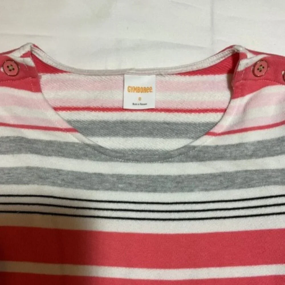 Gymboree Girls Size 8 Kitty in Pink Gray White Stripes Terry Short Sleeve Dress